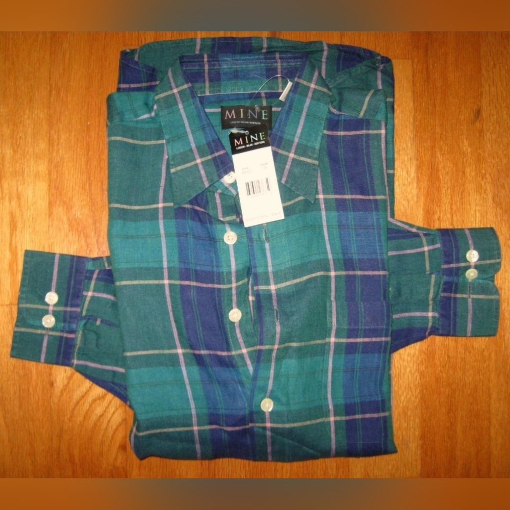 MINE MEN'S MULTI-COLOR PLAID CHECKS LONG SLEEVE 100% LINEN SHIRT SIZE M $98 NWT